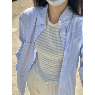 衬衣外套 蓝色条纹防晒衣衬衫 女夏季 港风chic别致小众法式 上衣长袖