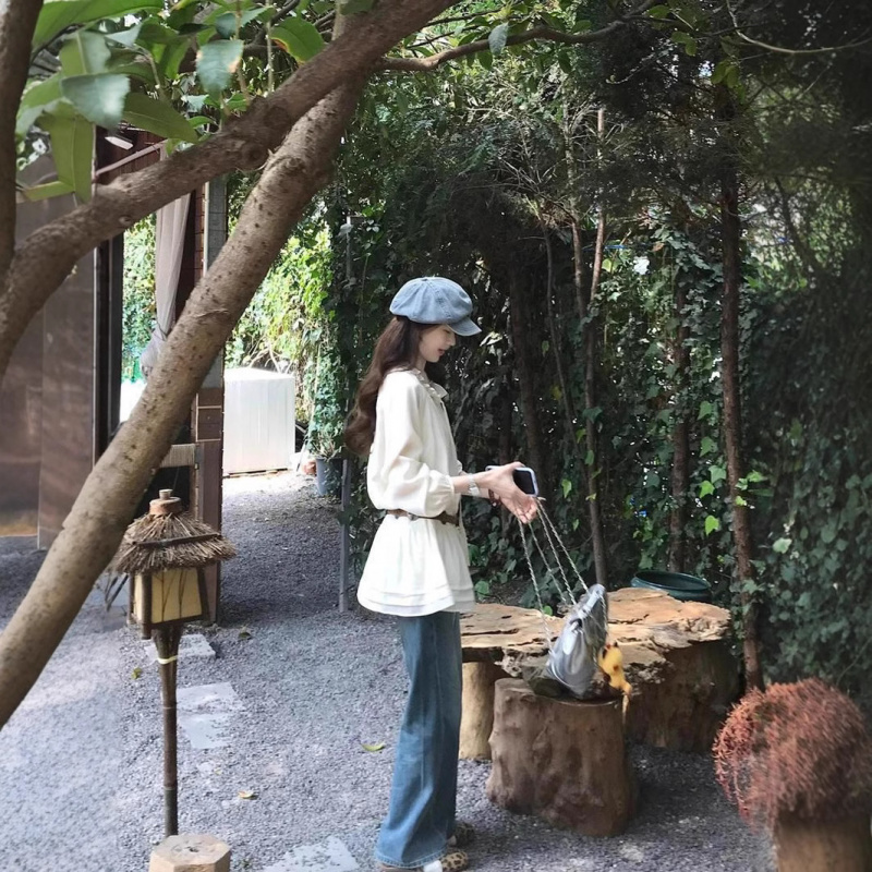 韩系温柔风木耳边设计抽绳衬衫上衣搭配牛仔裤2025春夏新款两件套