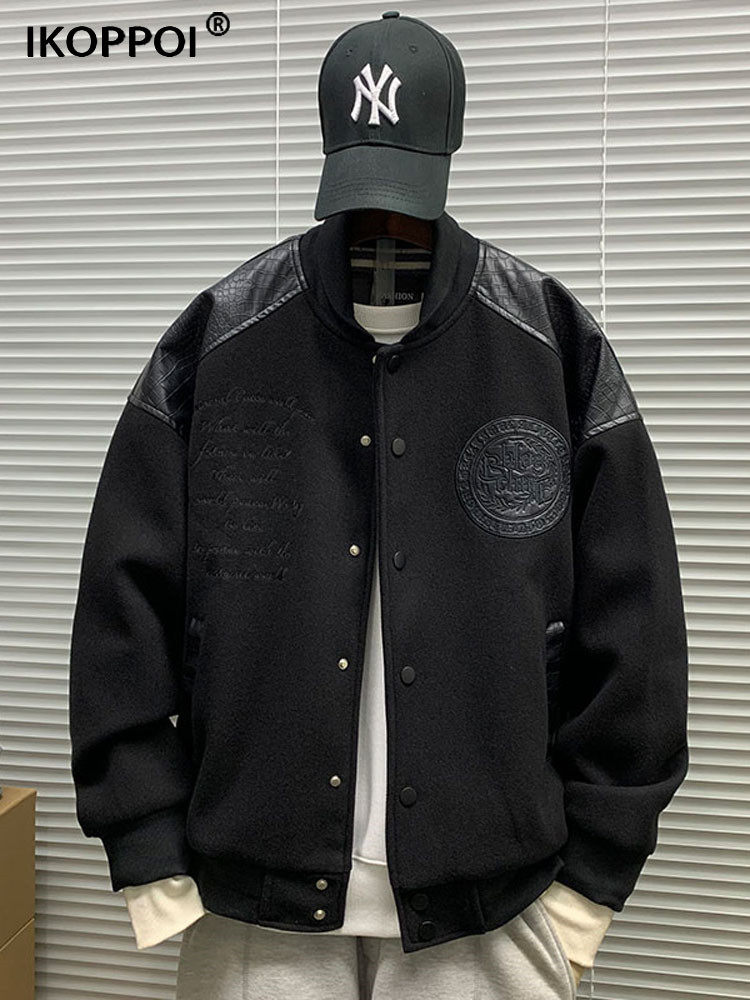 夹克男士秋季设计感拼接PU皮潮牌棒球服户外运动宽松百搭长袖外套