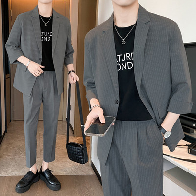 西服套装男士春季冰丝半袖薄款西装西裤搭配一套英伦风雅痞两件套