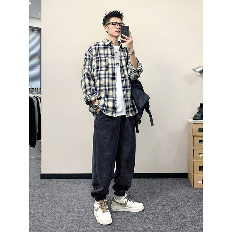 长袖格子衬衫套装男春秋季宽松翻领港风覆古休闲百搭衬衣外套搭配