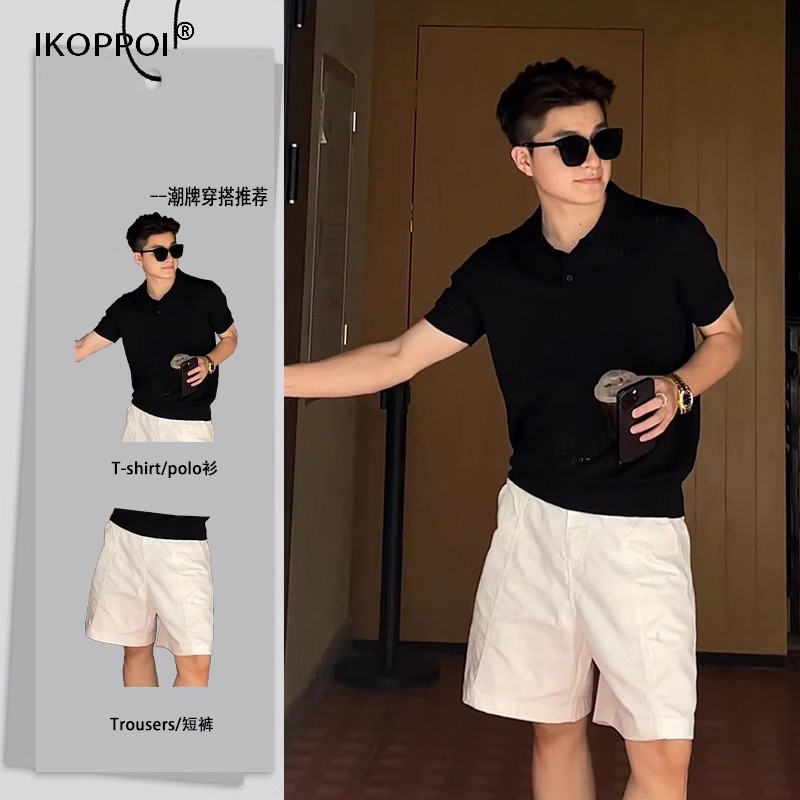 高端男士美式亨利领亚麻套装2025夏季老钱风短袖polo衫短裤两件套