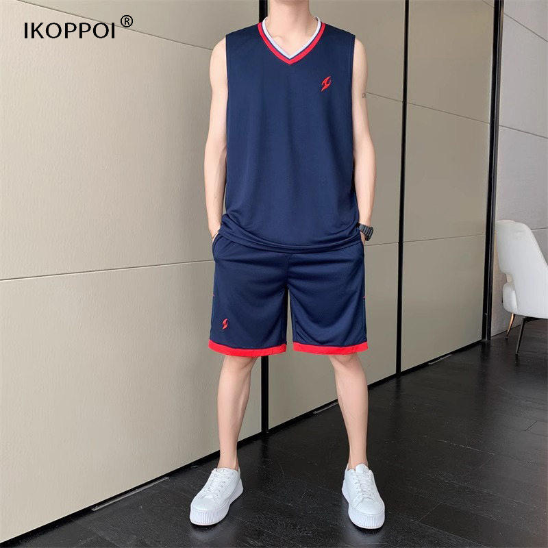 高端篮球球衣训练服男夏季冰丝速干 干T恤跑步运动篮球服套装V领