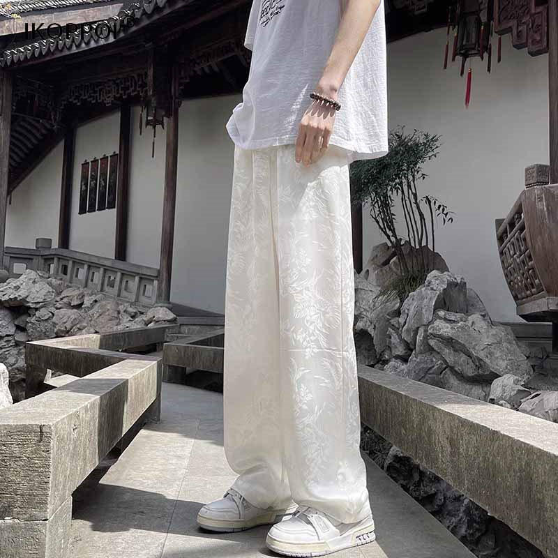 高端新中式男装白色醋酸缎面裤子男夏季薄款冰丝阔腿裤速干防晒裤