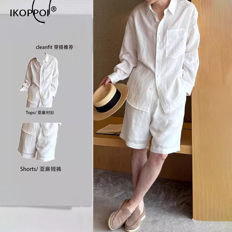 高端男士老钱风亚麻休闲套装2025夏季薄款慵懒棉麻衬衫短裤一整套