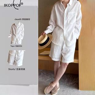 高端男士老钱风亚麻休闲套装2025夏季薄款慵懒棉麻衬衫短裤一整套