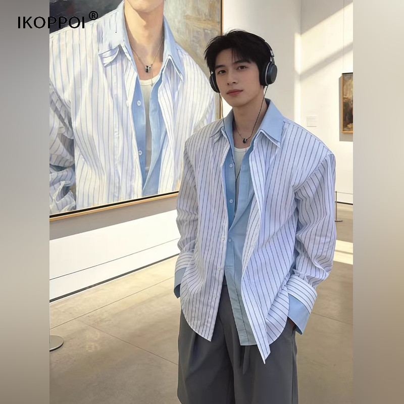 轻奢美式假两件蓝白条纹衬衫男款春季高级感痞帅cleanfit拼接外套