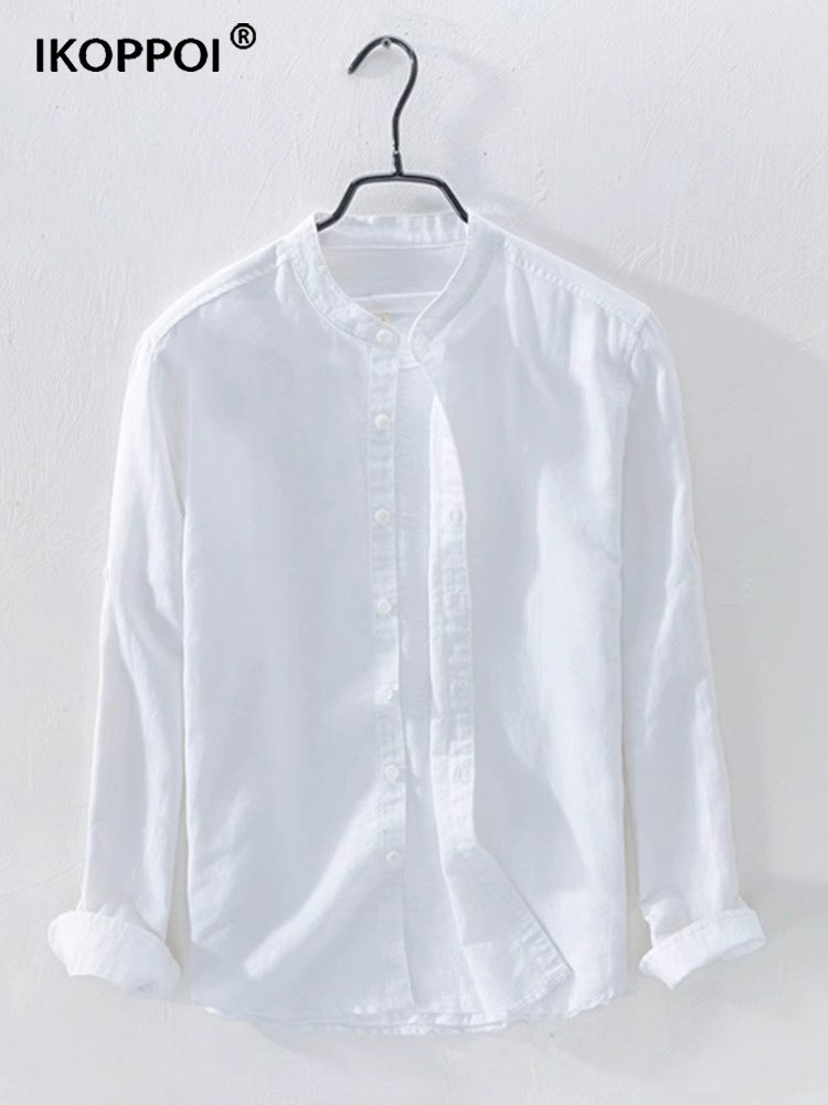 长袖衬衫男士夏季2025新款立领棉麻简约上衣服纯色薄款透气衬衣潮