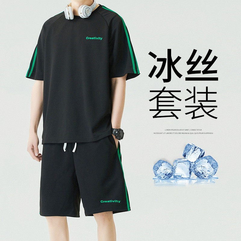 冰丝休闲套装男士夏季侧边条纹短袖短裤搭配一套时尚男装两件套薄