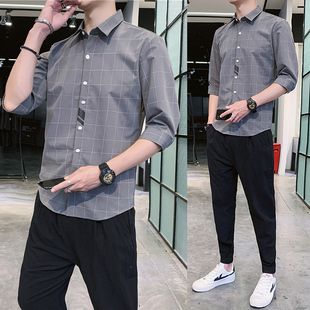 格子衫 休闲长裤 男士 夏季 韩版 衬衣薄款 衬衫 短袖 条纹七分袖 商务套装