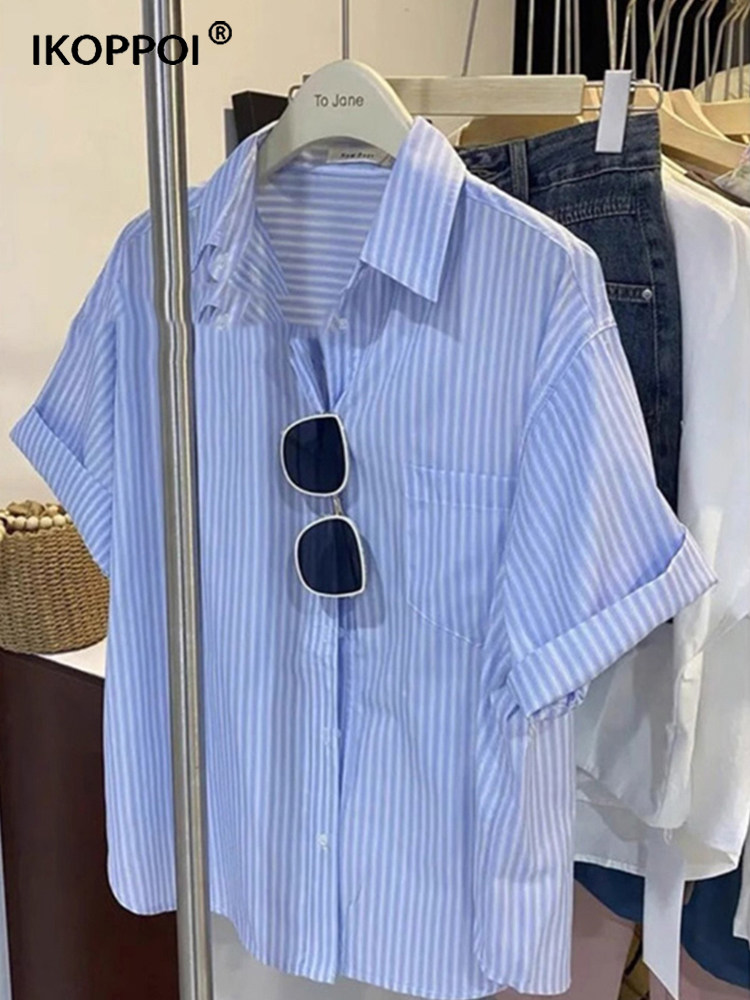 高端冰丝防晒蓝色条纹短袖衬衫男女士2025夏季衬衣外套凉感上衣服