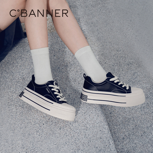 千百度厚底增高板鞋女春秋气质时尚休闲运动鞋帆布鞋舒适深口板鞋