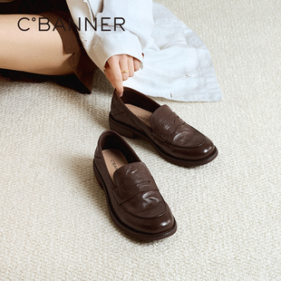 通勤深口单鞋 简约老钱风英伦小皮鞋 女新款 千百度手抓皮低跟乐福鞋