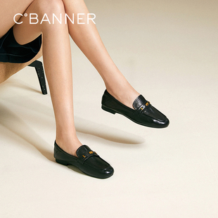 千百度低跟羊皮乐福鞋女百搭气质新款通勤正装小皮鞋透气深口单鞋