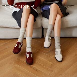 千百度T字乐福鞋女2026春季新款粗跟玛丽珍鞋真皮通勤深口单鞋