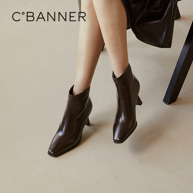 千百度粗高跟羊皮靴女2025秋冬新款时装靴通勤尖头显瘦法式短靴子