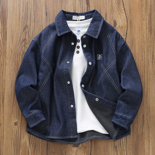 加绒男童秋冬新款保暖牛仔衬衫~儿童中大童洋气衬衣高品质童装9