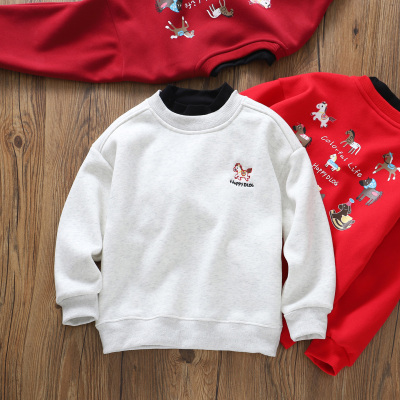 高品质男童红色刺绣小马加绒卫衣