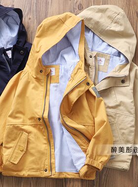 男童春秋新款双层纯棉连帽风衣