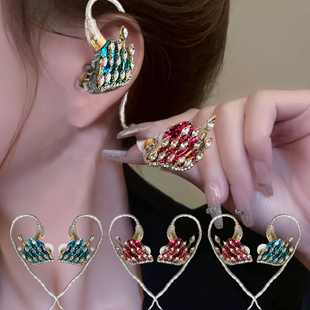 Fly主播漂亮翅膀声卡耳机长线直播专用挂耳式 耳返3米监听镶钻闪亮