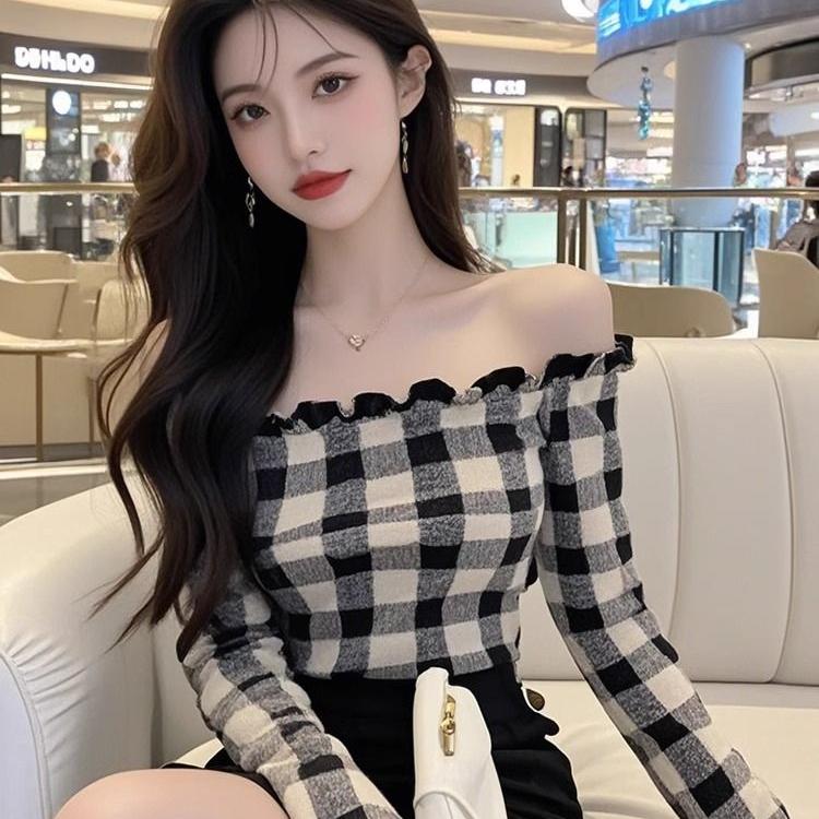 格子一字肩t恤上衣女内搭打底衫