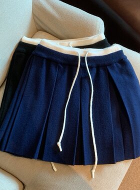 韩系学院风针织百褶裙裤女2026新款气质藏蓝色显瘦抽绳休闲短裙