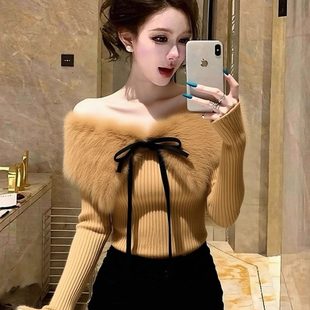 女内搭秋冬一字肩上衣 毛领拼接毛衣针织打底衫 纯欲小姨风修身 短款