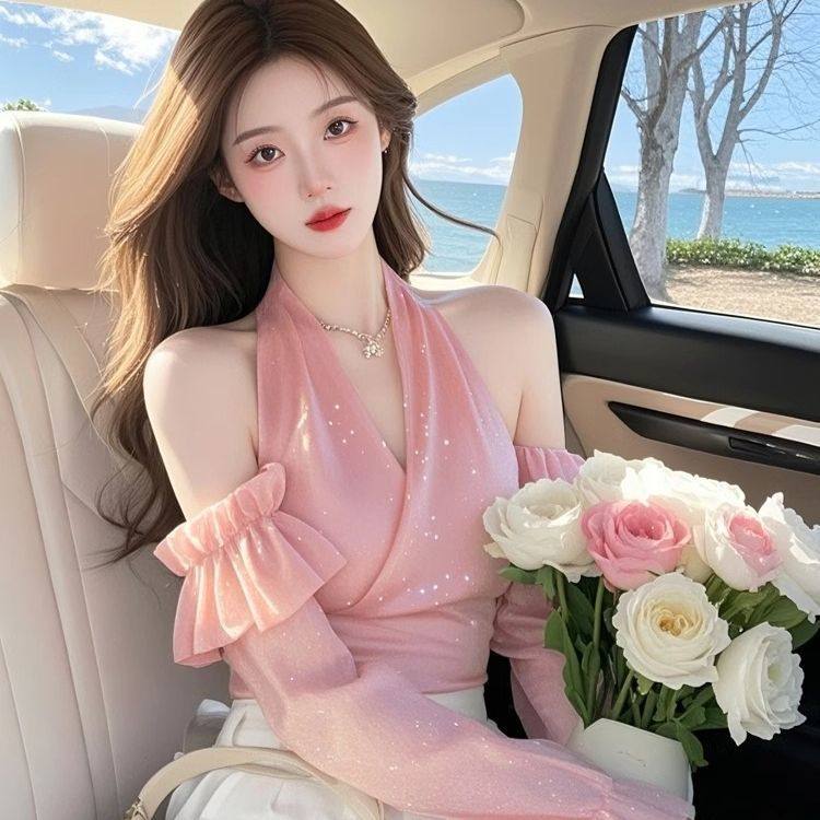 纯欲风复古粉色露肩衬衫女2026春夏新款浪漫气质显瘦细闪雪纺上衣