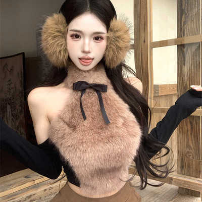 毛毛拼接T恤女紧身背心