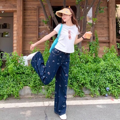 牛仔裤女夏季kitty猫刺绣阔腿裤