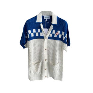 casablanca 24ss 蓝白格子 纯手工编织 度假夏威夷短袖开衫毛衣