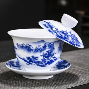 青花瓷三才盖碗不可悬停泡茶白瓷单个敬茶茶杯陶瓷功夫茶具套装