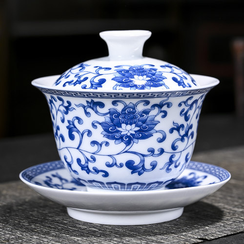 青花瓷盖碗白瓷单三才茶碗泡茶碗