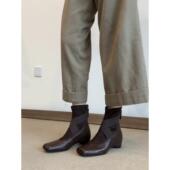 复古女交叉带后拉链瘦瘦靴子 气质粗跟小方头短靴法式 高定版 时尚