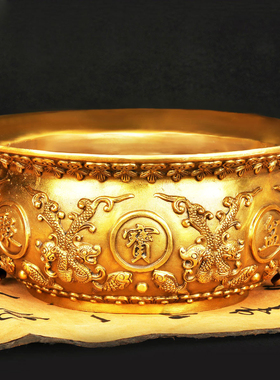 速发饰聚宝盆摆件双开聚宝盆黄铜米缸家用客厅玄关装铜工艺龙业礼