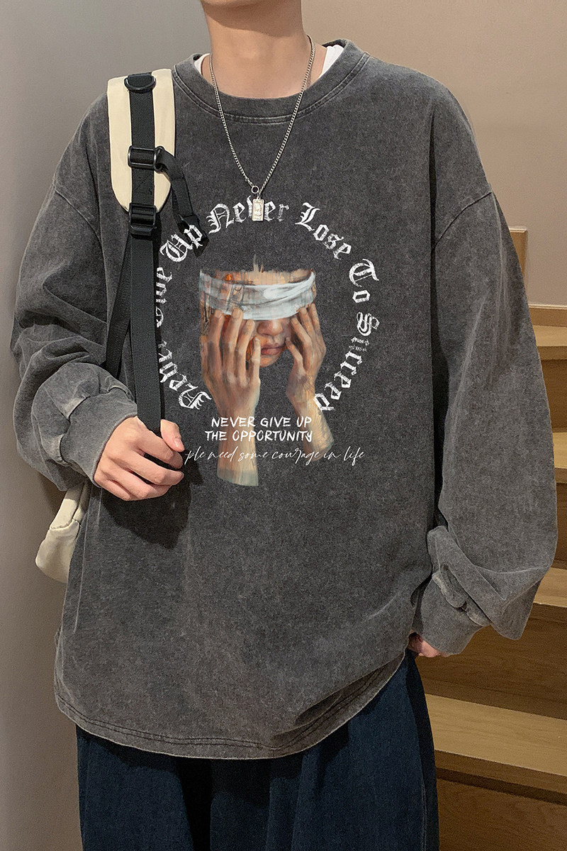 XZ203-CT07-P58秋新品水洗做旧纯棉印花长袖T恤,男装T恤,星座203