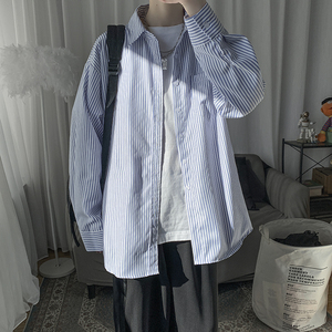 蓝白条纹衬衫男生春秋季叠穿复古高级感潮牌宽松翻领长袖衬衣外套图片