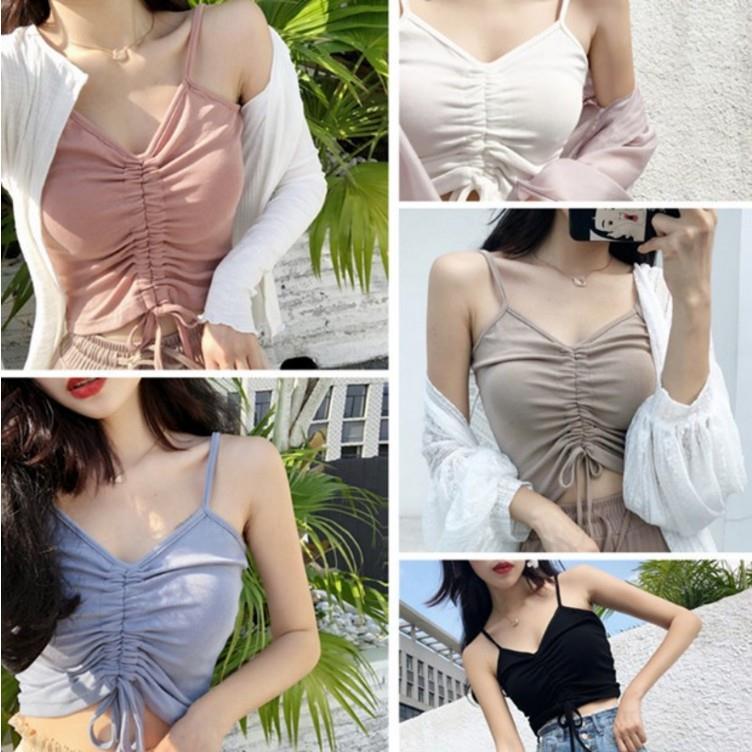 camisole all-match Threaded waist color drawstring low-neck