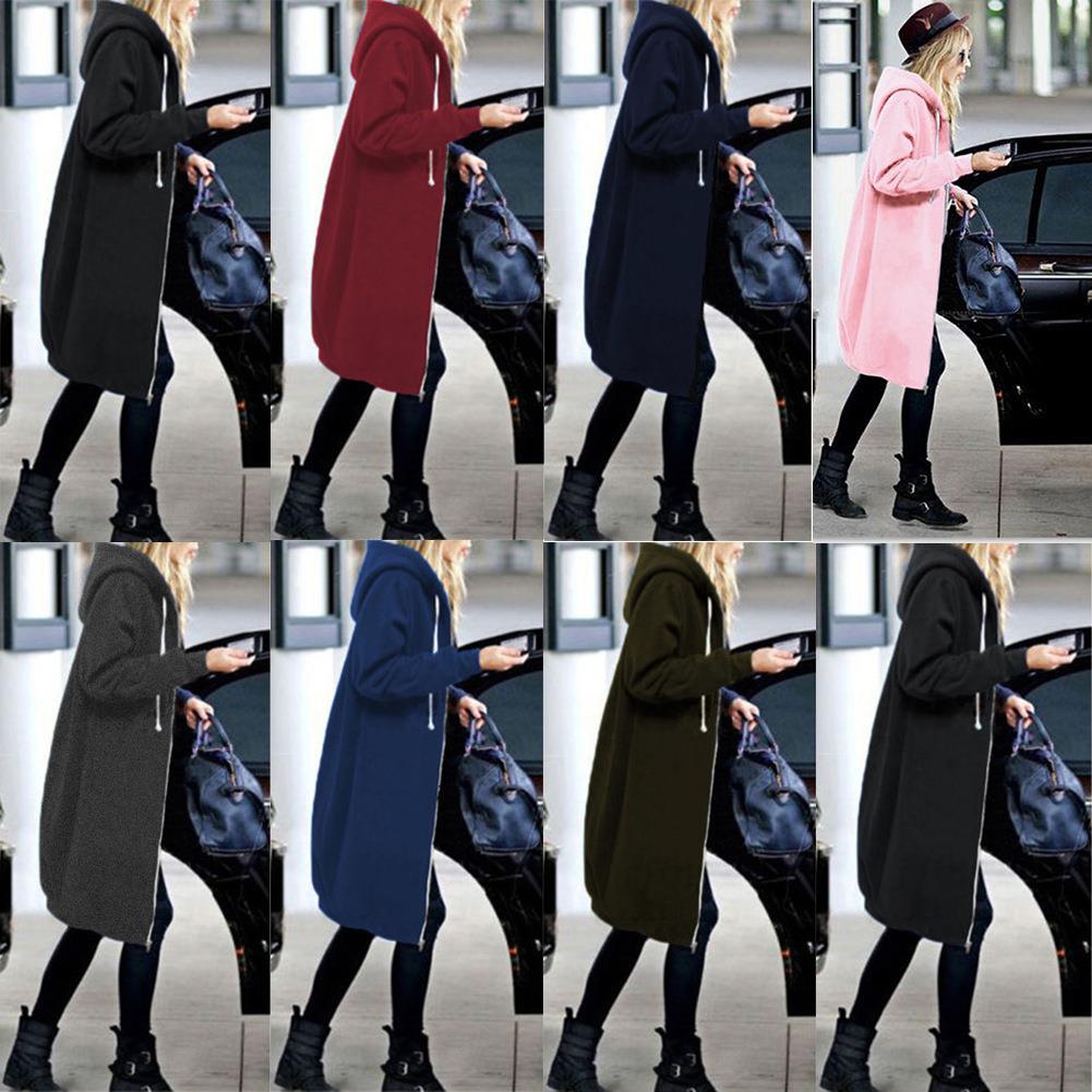 zipper sweatshirt extended solid color hooded straight