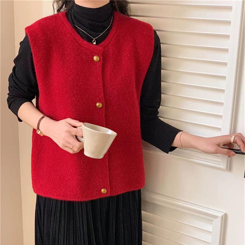 neck small loose gold round knitted womens button top