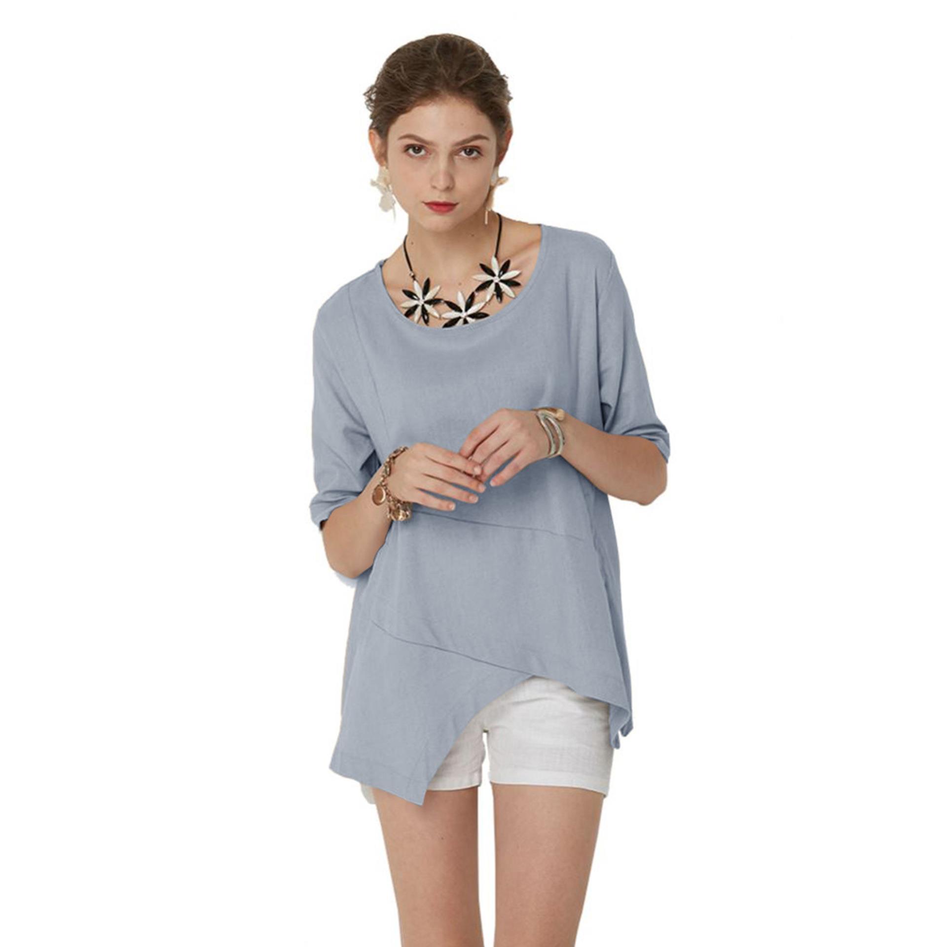 top neck round color solid simple shirt linen and cotton