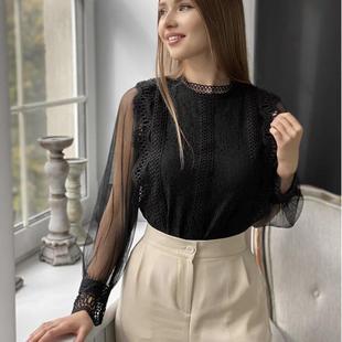 lace round top puff Elegant shirt long female mesh color