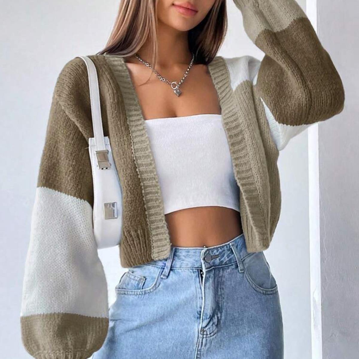 Striped Sleeve Casual Sweater Jacket Womens Colorblock Long