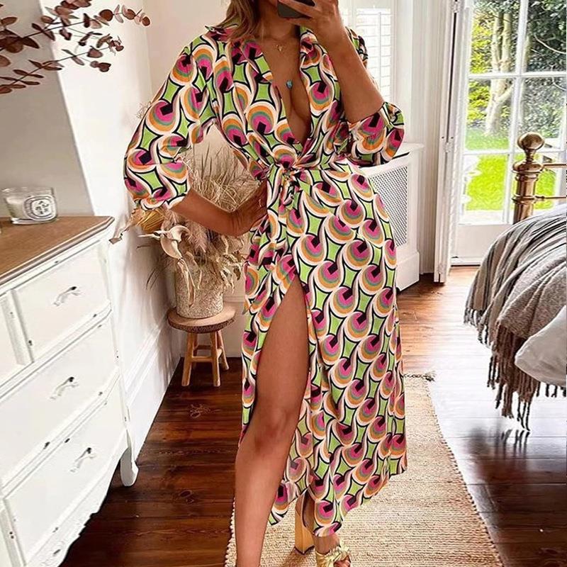V-neck sexy womens slit waist color dress lace-up Womens