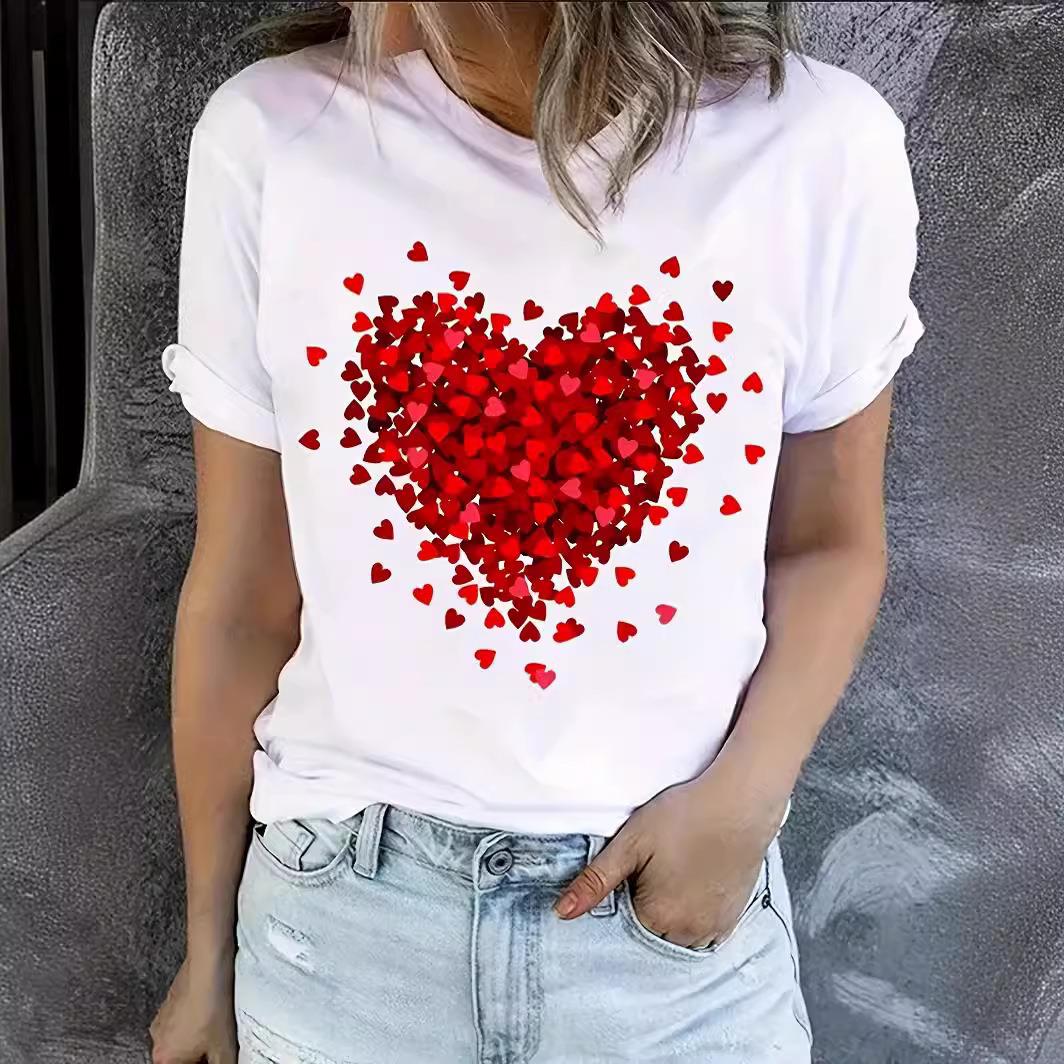 Love heart round collar cuffs pleated short sleeve T-shirt