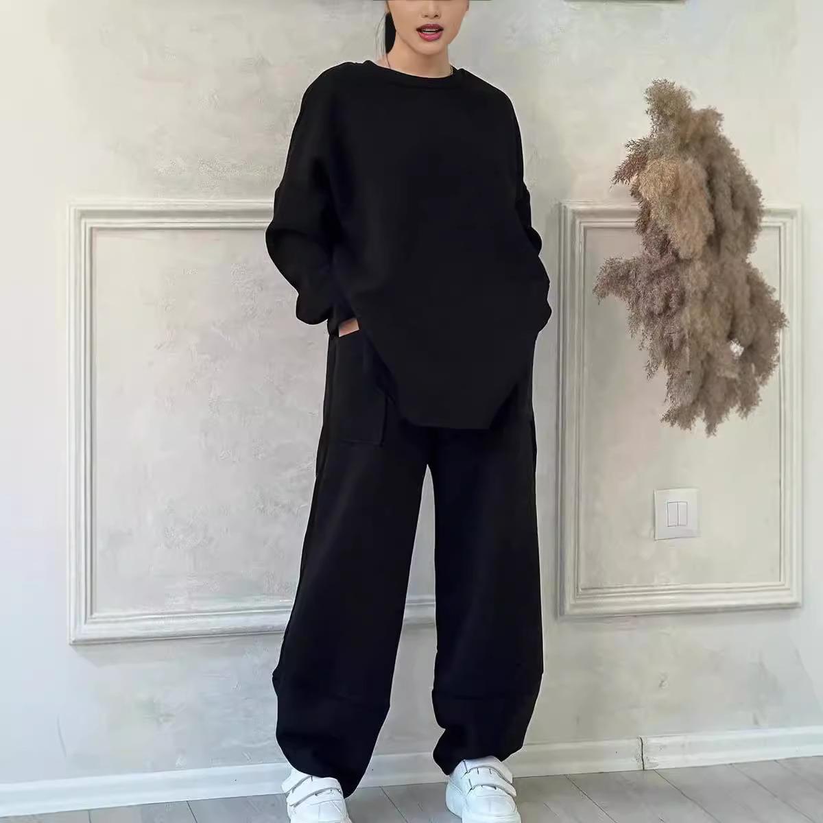Neck Casual Suit Solid Round Sleeve Sports Color Loose