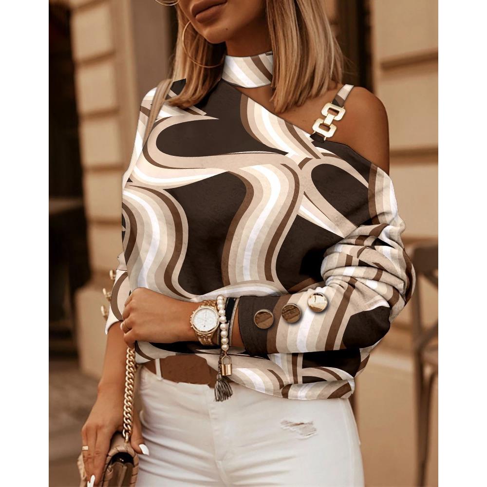 Chain halter button neck long T-shirt womens decoration top
