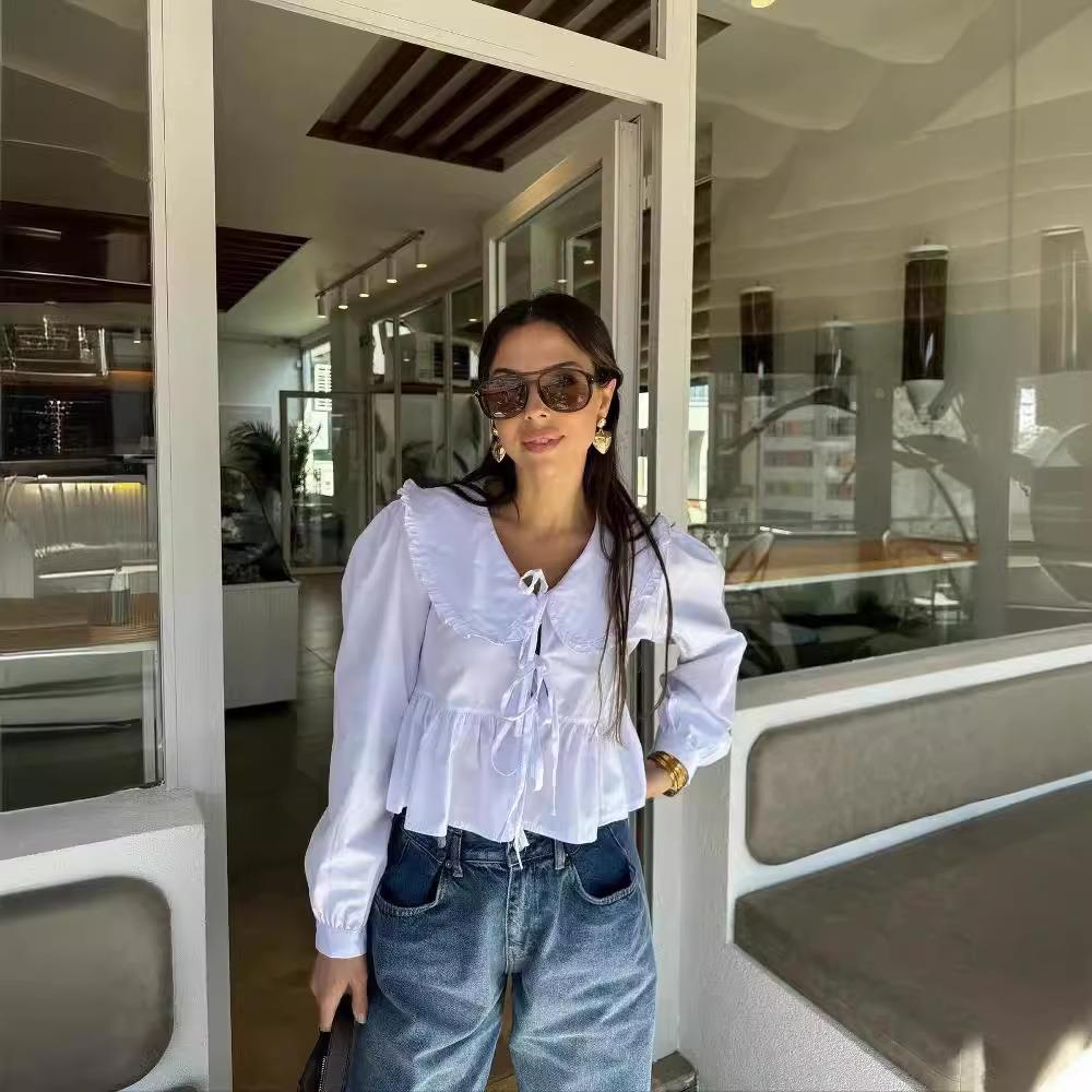 Women's simple fashion doll collar cotton long sleeve shirt