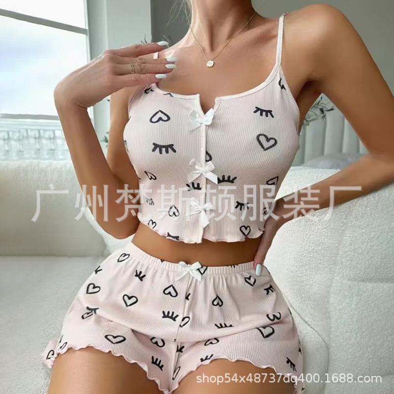 Womens Top Heart Set Pajamas Trim Collared Pajama Eyelashes