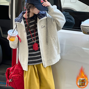 女童超好看卫衣加绒加厚外套2025新款初中生女孩秋冬装上衣女大童